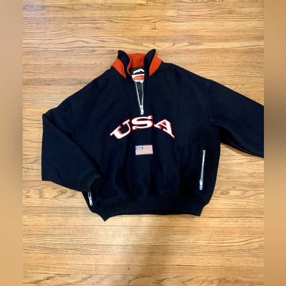 Mondetta USA Mens VTG Letterman Jacket Coat Wool 1/4 Zip Flag Olympics Pullover